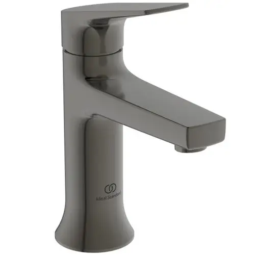 Waschtischarmatur in dunkler Ausführung mit einem Hebel zur Wassersteuerung. Gehäuse mit Logo von Ideal Standard sichtbar.